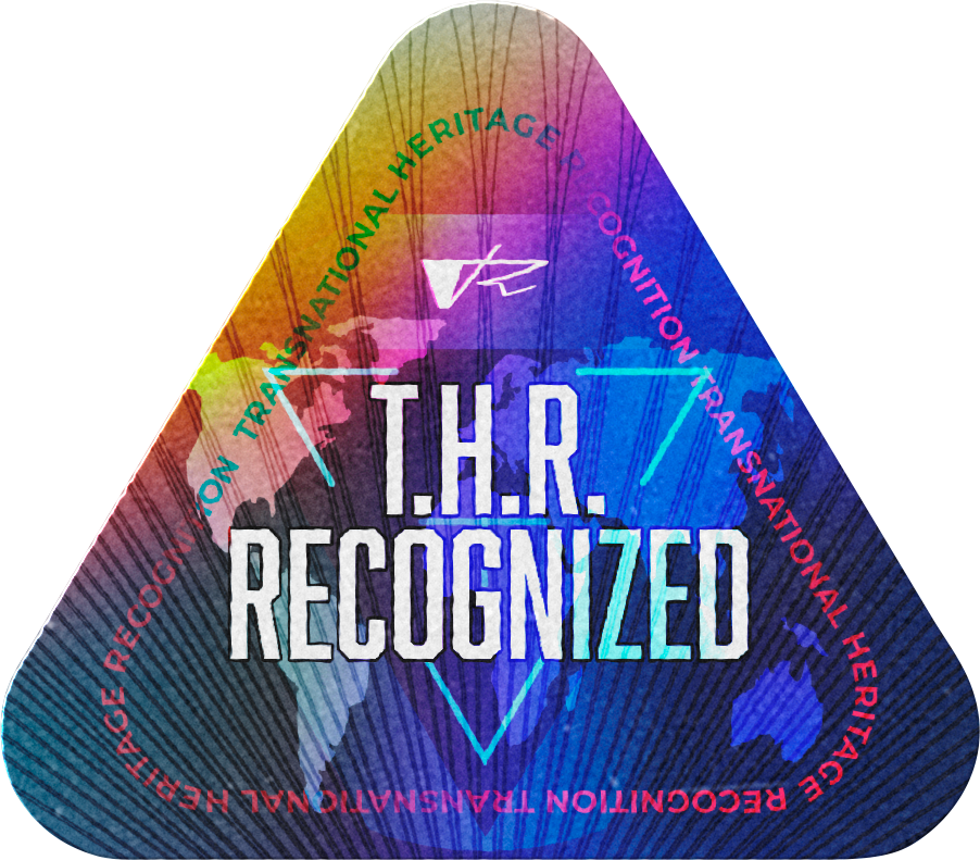 T.H.R. Recognized triangular emblem of Transnational Heritage Recognition