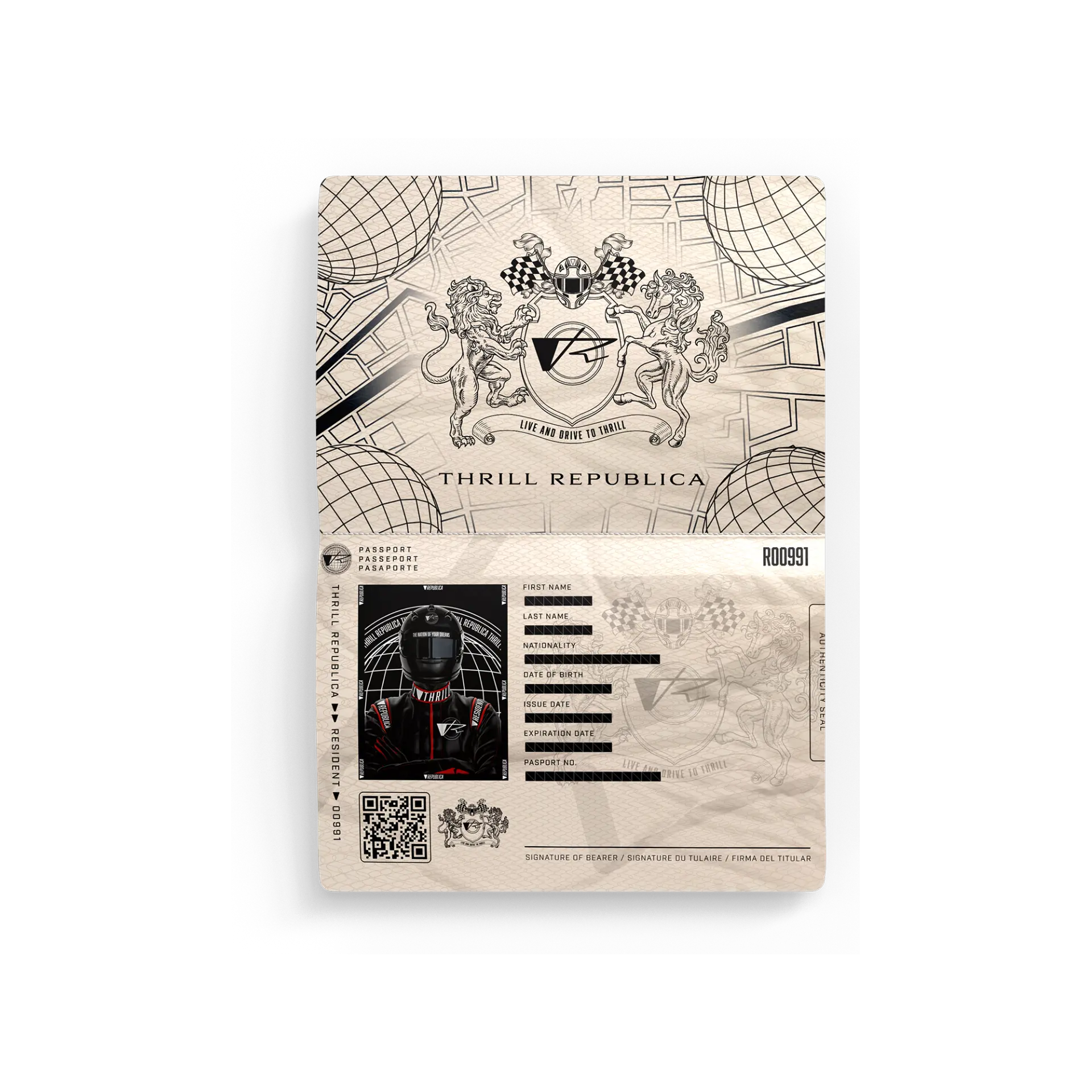 The THRILL Republica Passport, open to the coat of arms and identity page bearing THR ID R00991